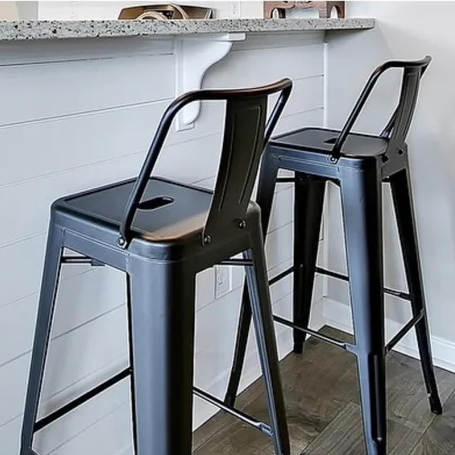 Matte Black Industrial Metal Bar Stools with Low Back, Set of 2