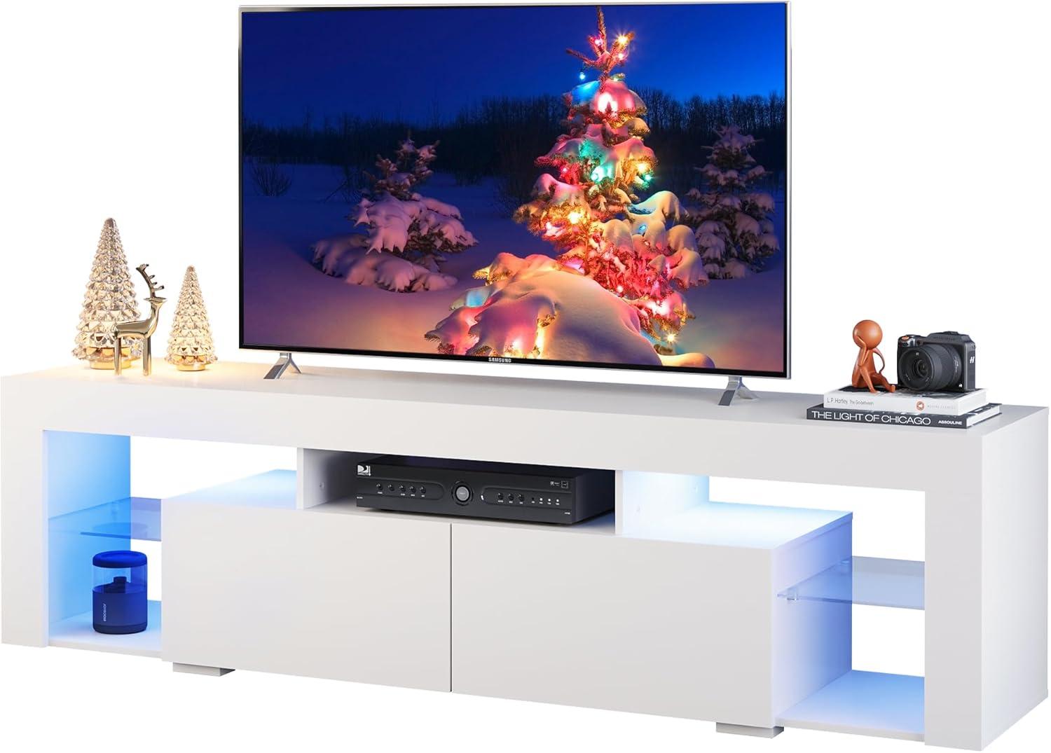 White Modern LED TV Stand with Drawers and Shelves