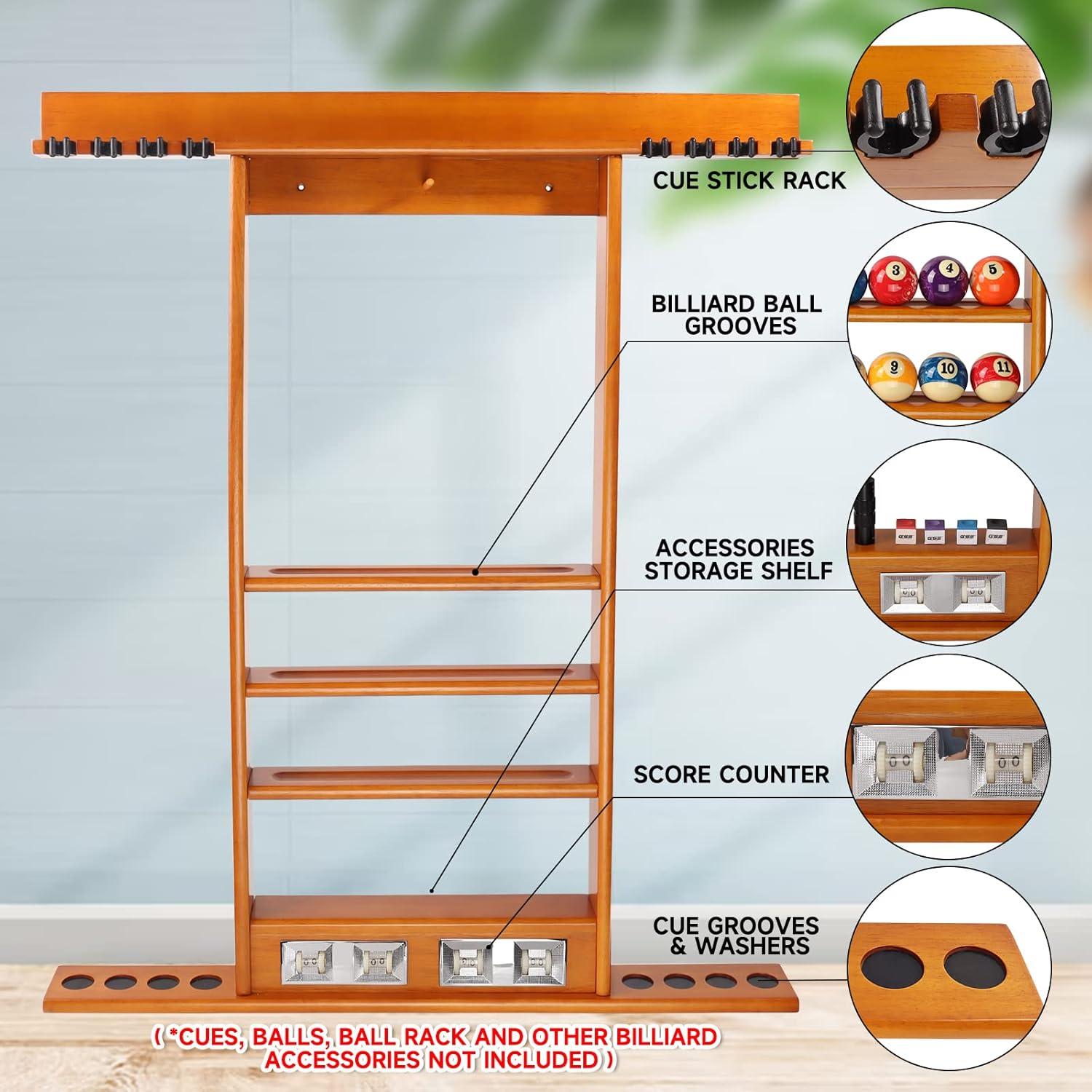 GSE Games & Sports Expert Pool Cue Stick Hanging Wall Mounting Rack with Score Counter, Cue Rack Only. Holds 8 Pool Cue Stick, Billiard Ball and Ball Rack - Oak