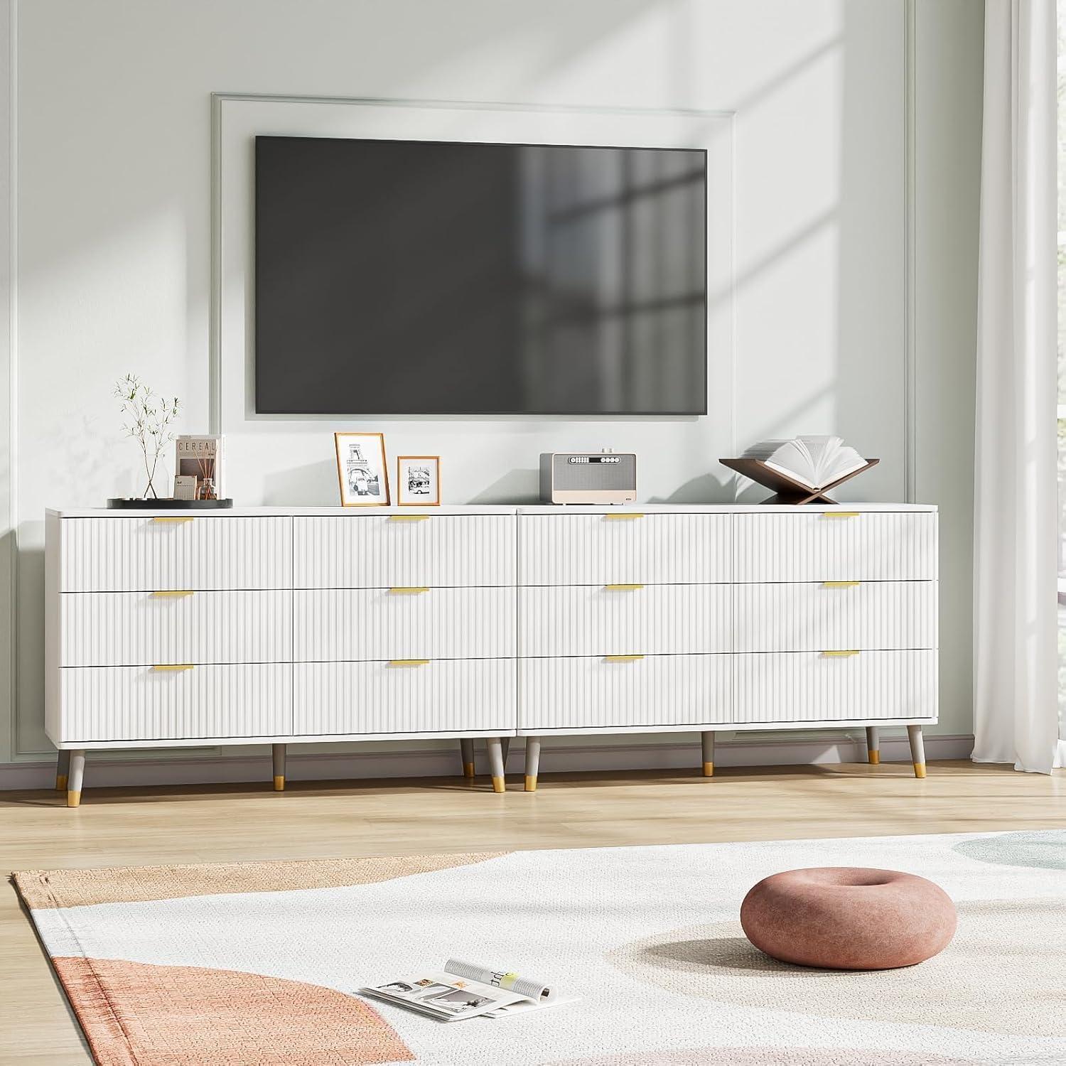 White Fluted 6-Drawer Dresser with Gold Handles