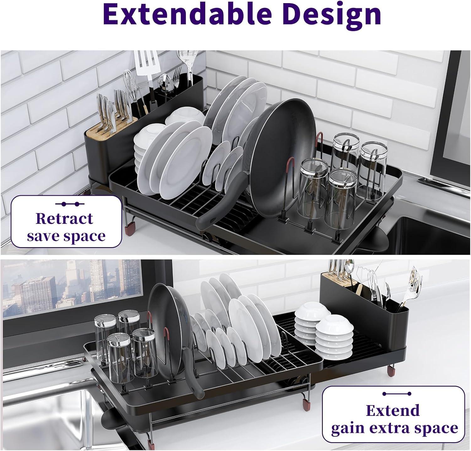 Dish Drying Rack, Extendable Dish Rack, Cutlery Holder, Knife Holder and Pot Holder