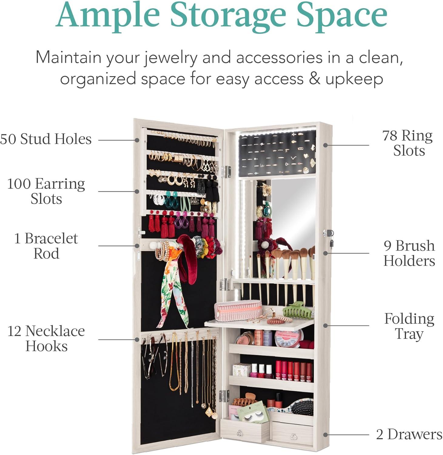 Best Choice Products Hanging Mirror Jewelry Armoire, Door or Wall Mounted Cabinet w/ LED Lights, Lock - Black