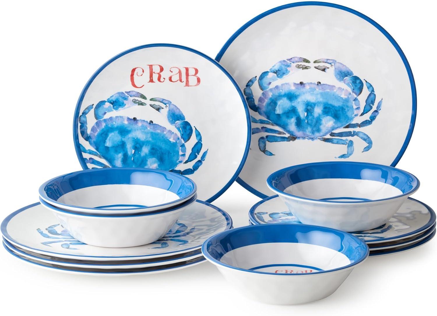 Certified International Beach House Crab 12-Piece Melamine Dinnerware Set – Blue & White Nautical-Themed Plates & Bowls – Shatterproof, Lightweight, and Dishwasher-Safe Coastal Tableware for Indoor & Outdoor Dining