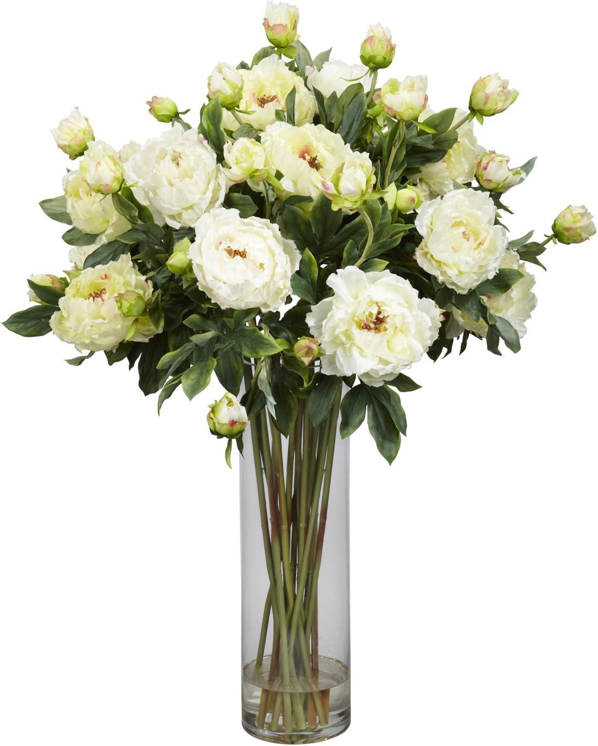 Elegant Giant Peony Silk Floral Arrangement in Clear Glass Vase