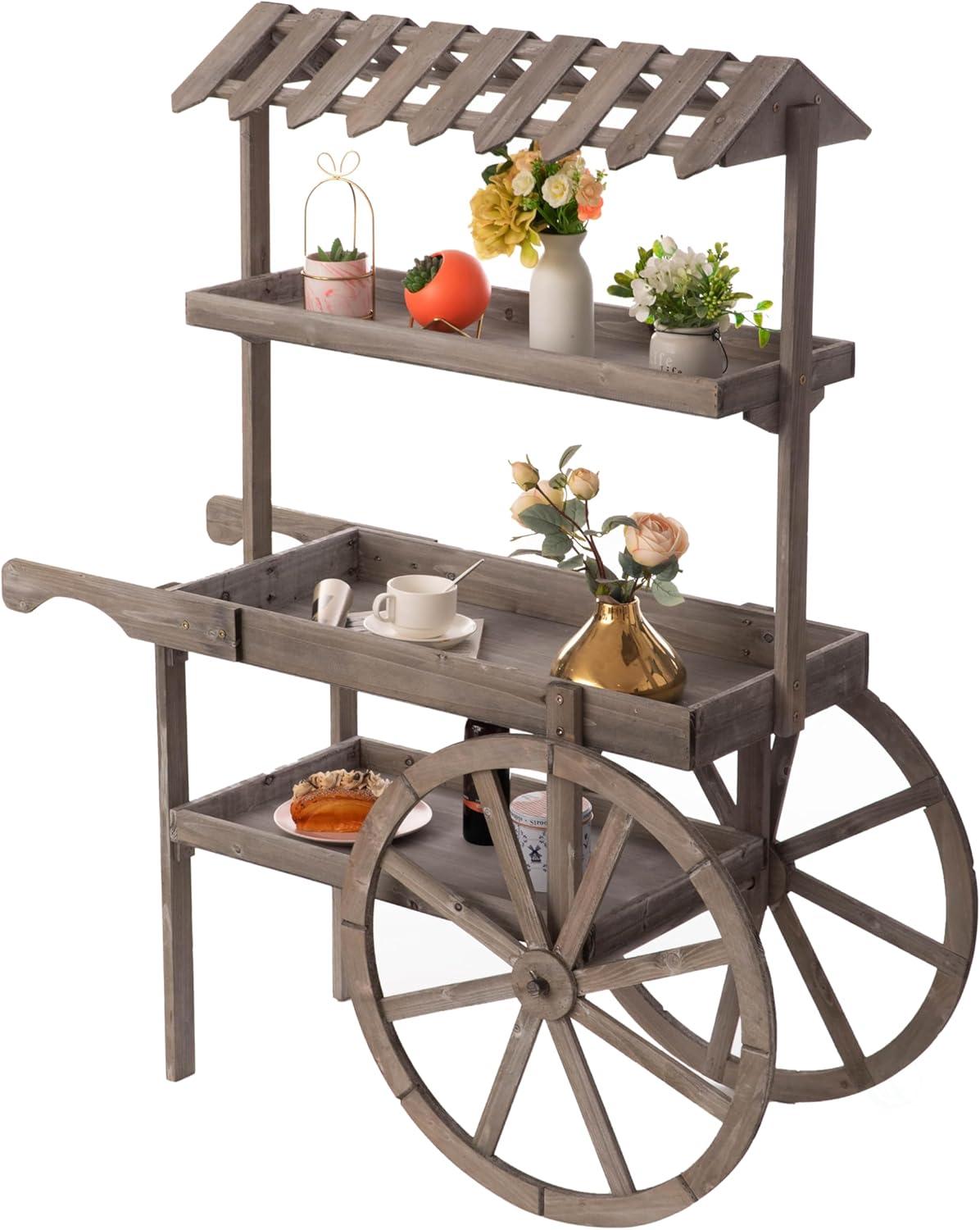 Antique Rustic Solid Wood decor Display Rack Cart Wood Plant Stand 3 Tier with Wheels for Display, Wood Wagon with Shelves for Plants and More