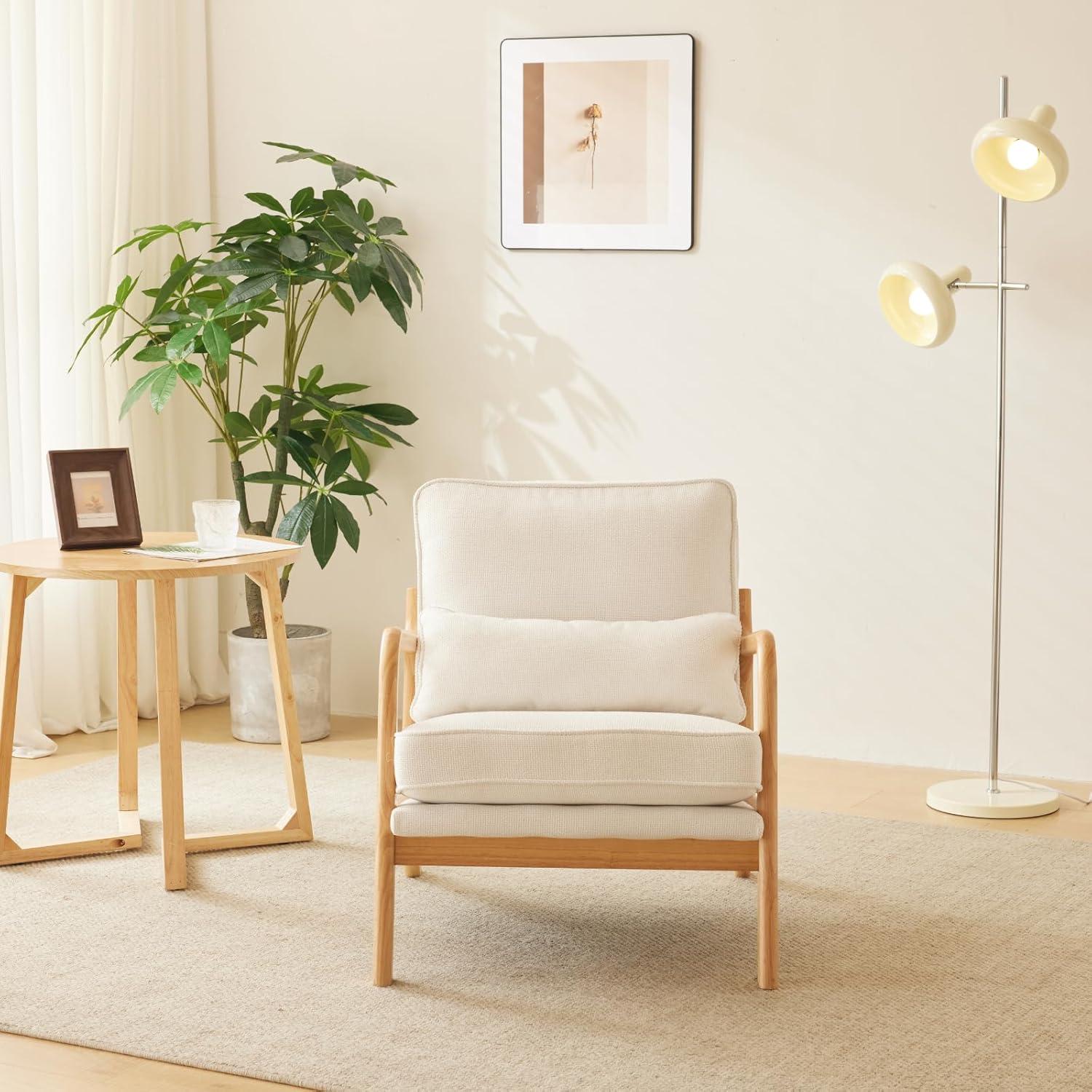 Beige Linen Armchair with Wood Frame and Pillow