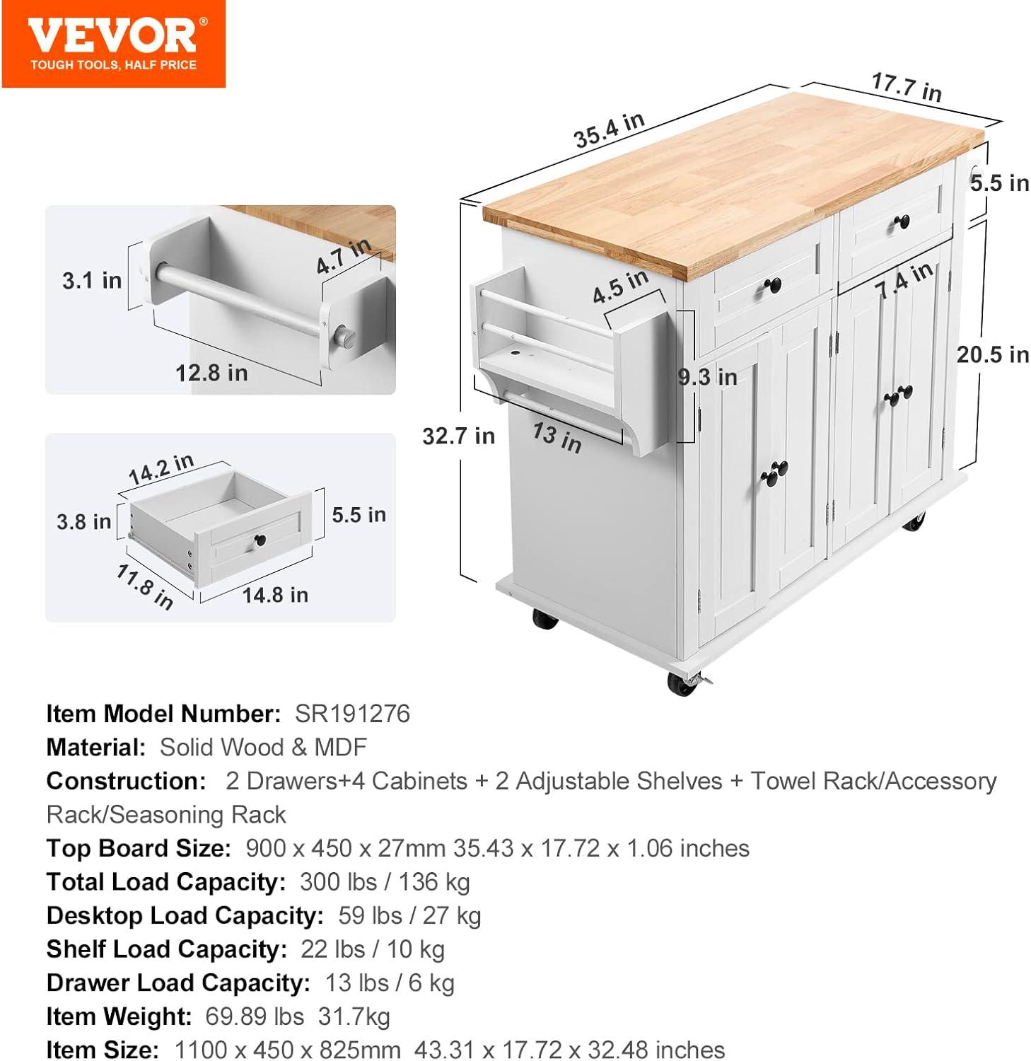 White Rubberwood Drop Leaf Kitchen Cart with Spice Rack