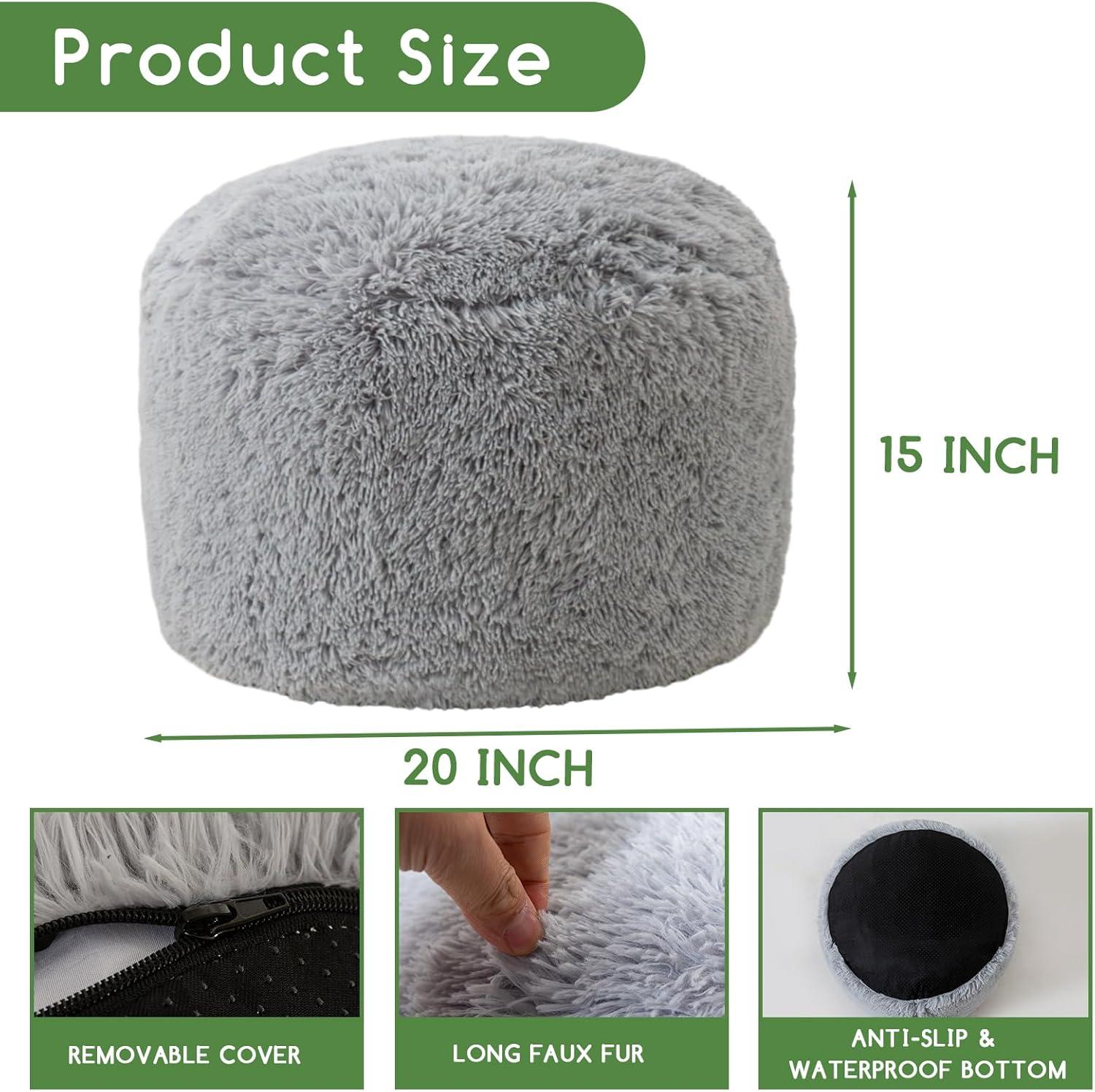 Grey Faux Fur Round Pouf Ottoman with Foam Filling