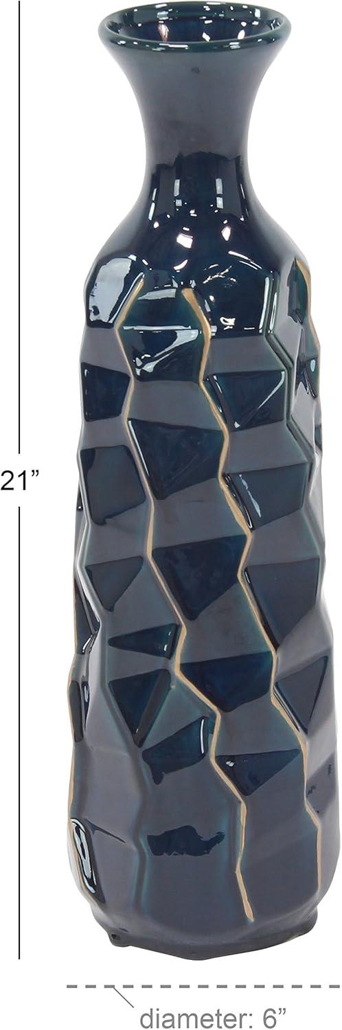 DecMode Blue Ceramic Modern and Coastal Vase 5"W x 15"H, featuring Minimalist Design with clean Lines and Angular Structures