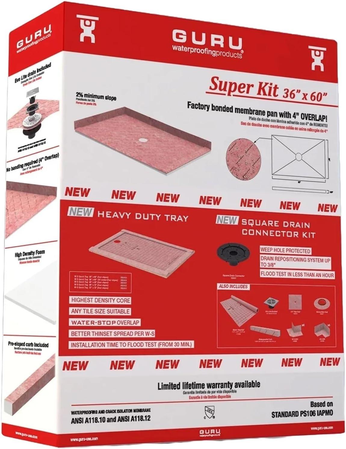 Guru Heavy Duty Red Square Shower Kit with Waterproof Membrane, 36" x 60"
