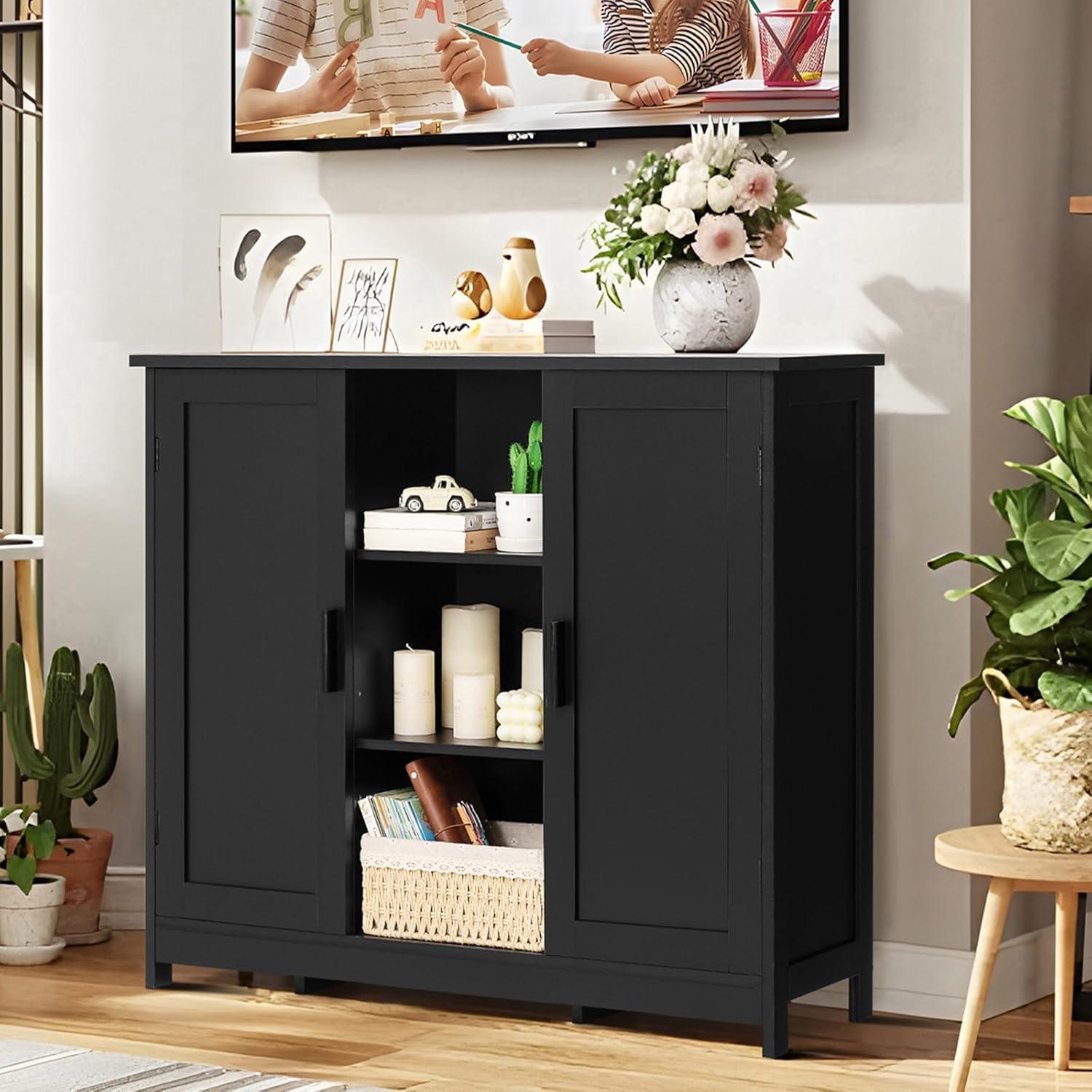 Black Medium Wood Living Room Cabinet with Adjustable Shelving