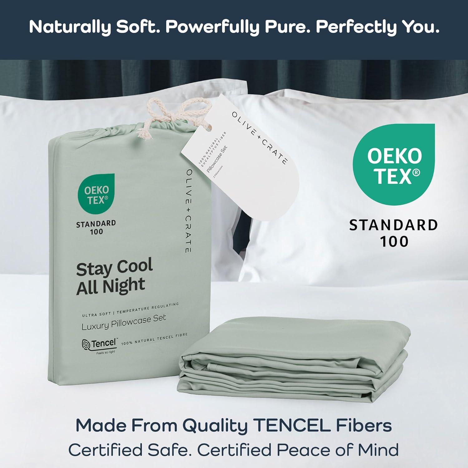 Olive + Crate Tencel Eucalyptus Pillowcases - 100% Tencel Lyocell Cooling Pillow Cases for Hot Sleepers, Hypoallergenic, Moisture-Wicking, Silk Alternative, Vegan, Standard Size Set of 2 [Spring Sage]