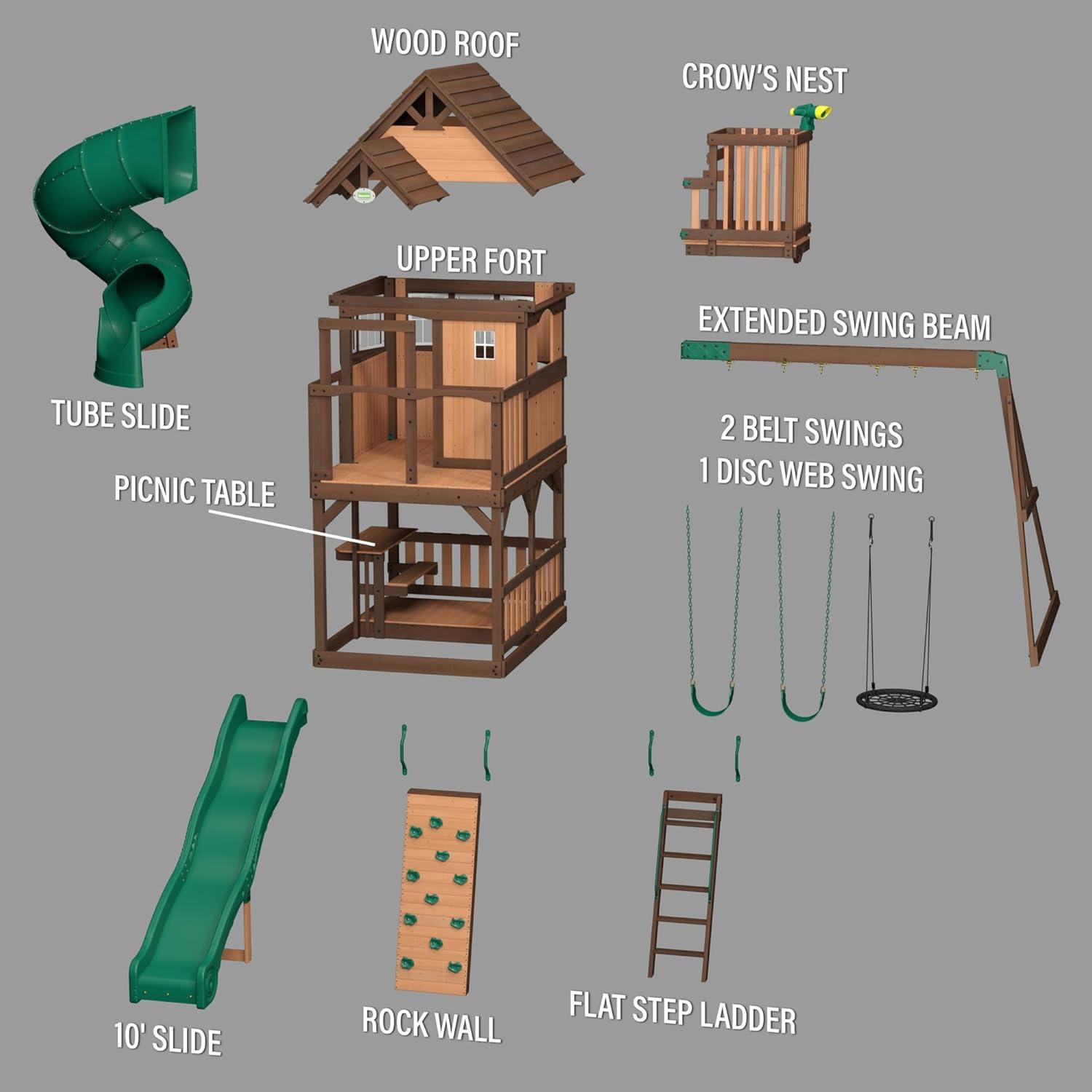 Skyfort Cedar Swing Set with Green Slides and Swings