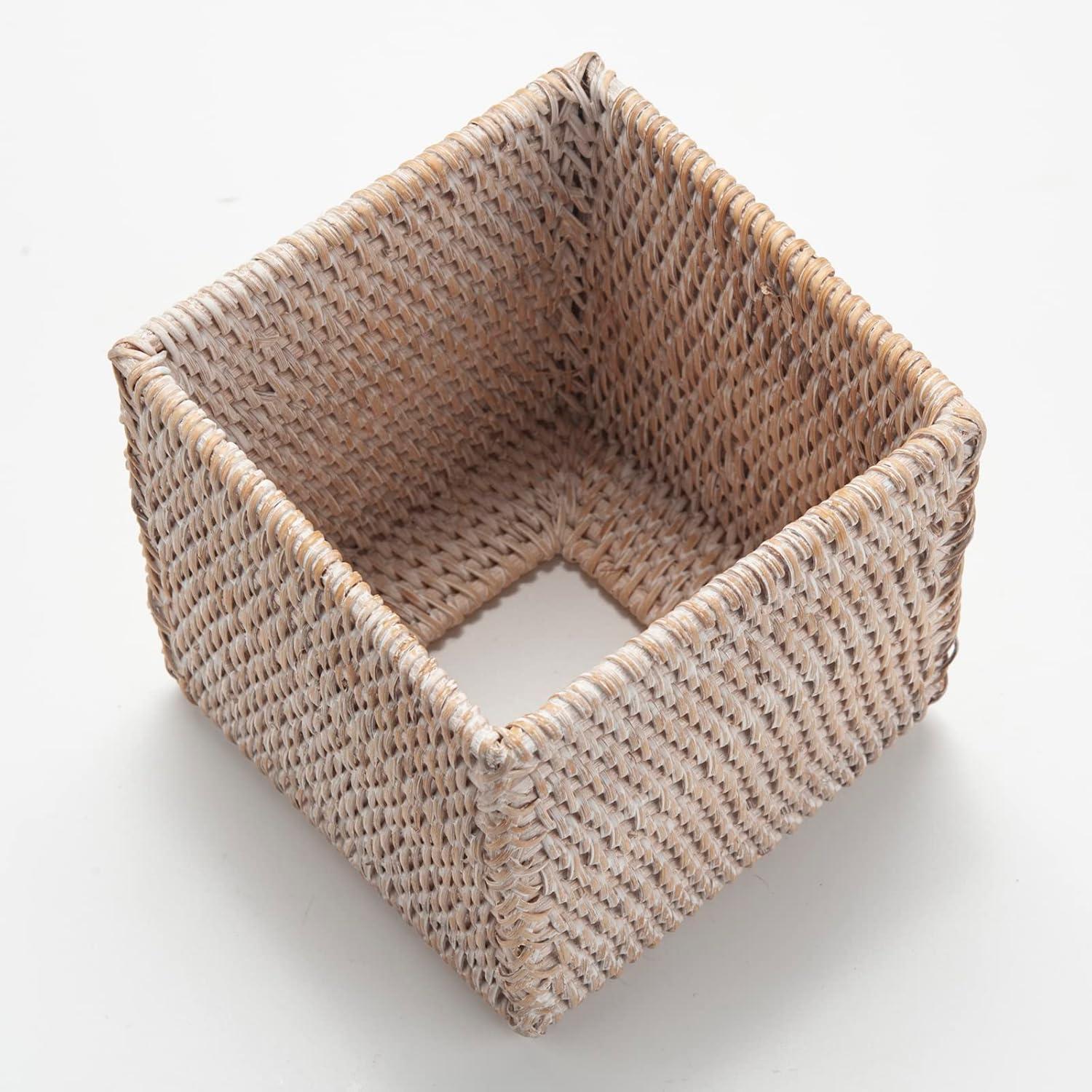 One Allium Way® Rattan Tissue Box Cover Natural Woven Facial Napkin Holder Square (White, 5.5X5.5X5.9 Inch)
