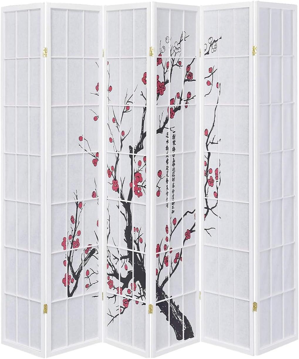 Legacy Decor 6 Panel Room Divider Privacy Screen Panel Blossom Shoji Design White Color