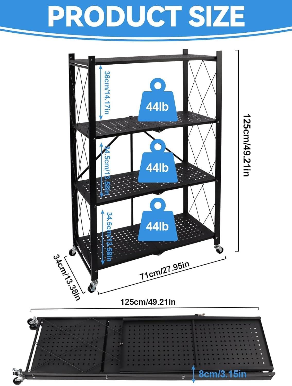 Foldable Storage Shelves, Heavy Duty Metal Shelving Unit for Garage, Kitchen & Basement Organization - 4-Tier Rack with Wheels, Easy Assembly, Black