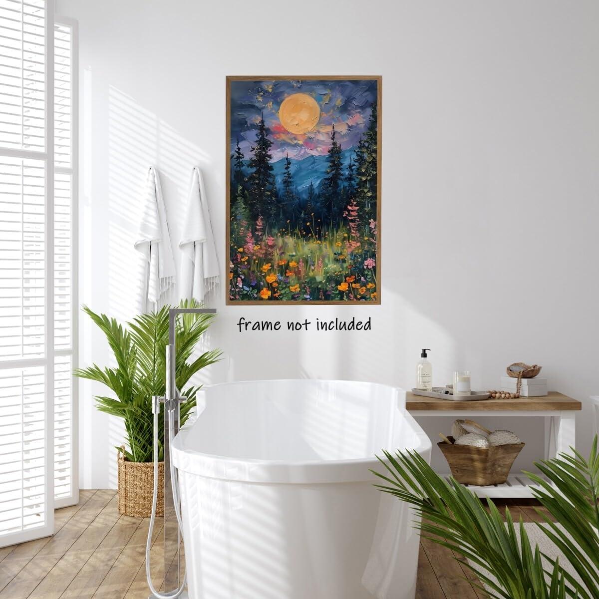 SFAOHPR Mystical Moon and Wildflowers Canvas Wall art Nature Flowers Oil Painting posters for room aesthetic Room Aesthetics Posters for Bedroom living room Home Decor ﻿12x16inch Unframed