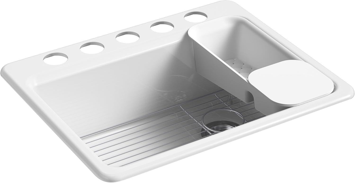 White Enamelled Cast Iron Single-Bowl Kitchen Sink with Accessories