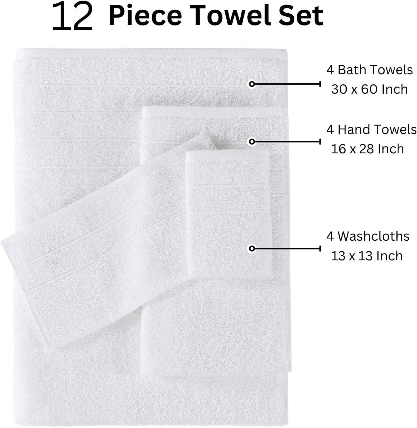 Casa Platino Solid Print Cotton Towel Set, White, 12 Count