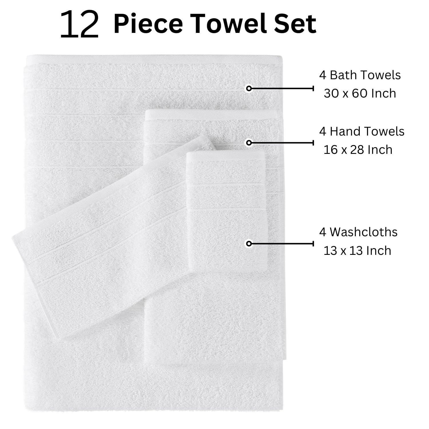 Casa Platino 12 Piece White Cotton Towels Set - Includes 4 Large White Bath Towels, 4 Hand Towels & 4 Washcloths - Soft Absorbent Towels for Bathroom