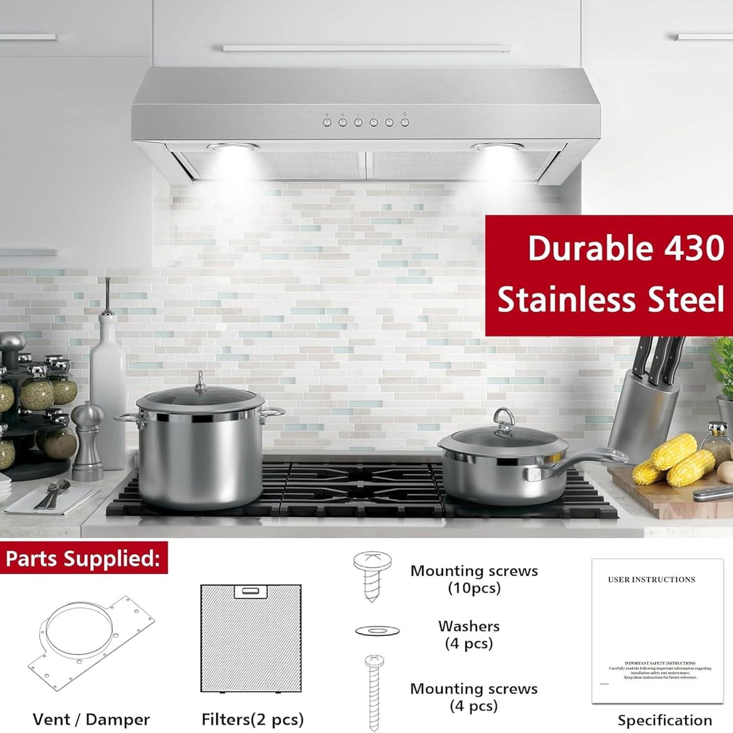 ONEEON 24 inch Under Cabinet Range Hood, Slim Kitchen Hood with 4 Speed Exhaust Fan, 2 Washable Reusable Filters, LED Lights, Stainless Steel