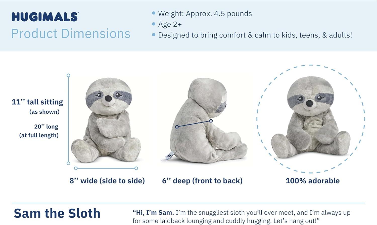 Hugimals Sam the Sloth 4.5lbs Weighted Self Care Stuffed Animal Stress Anxiety Relief Plush for Adults, Kids