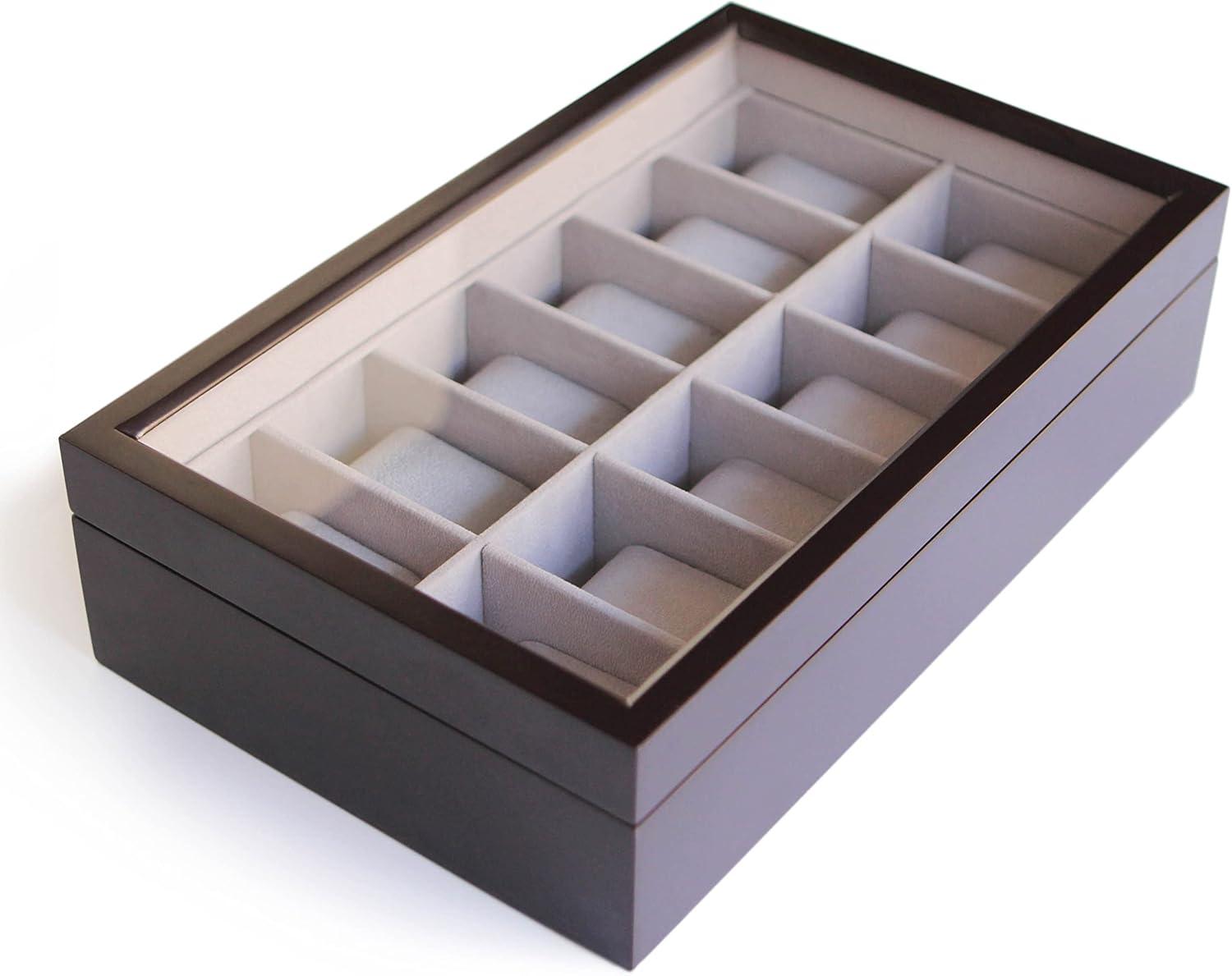 Solid Espresso Wood Unisex Watch Box Organizer with Glass Top 12 Slot by Case Elegance (Espresso)