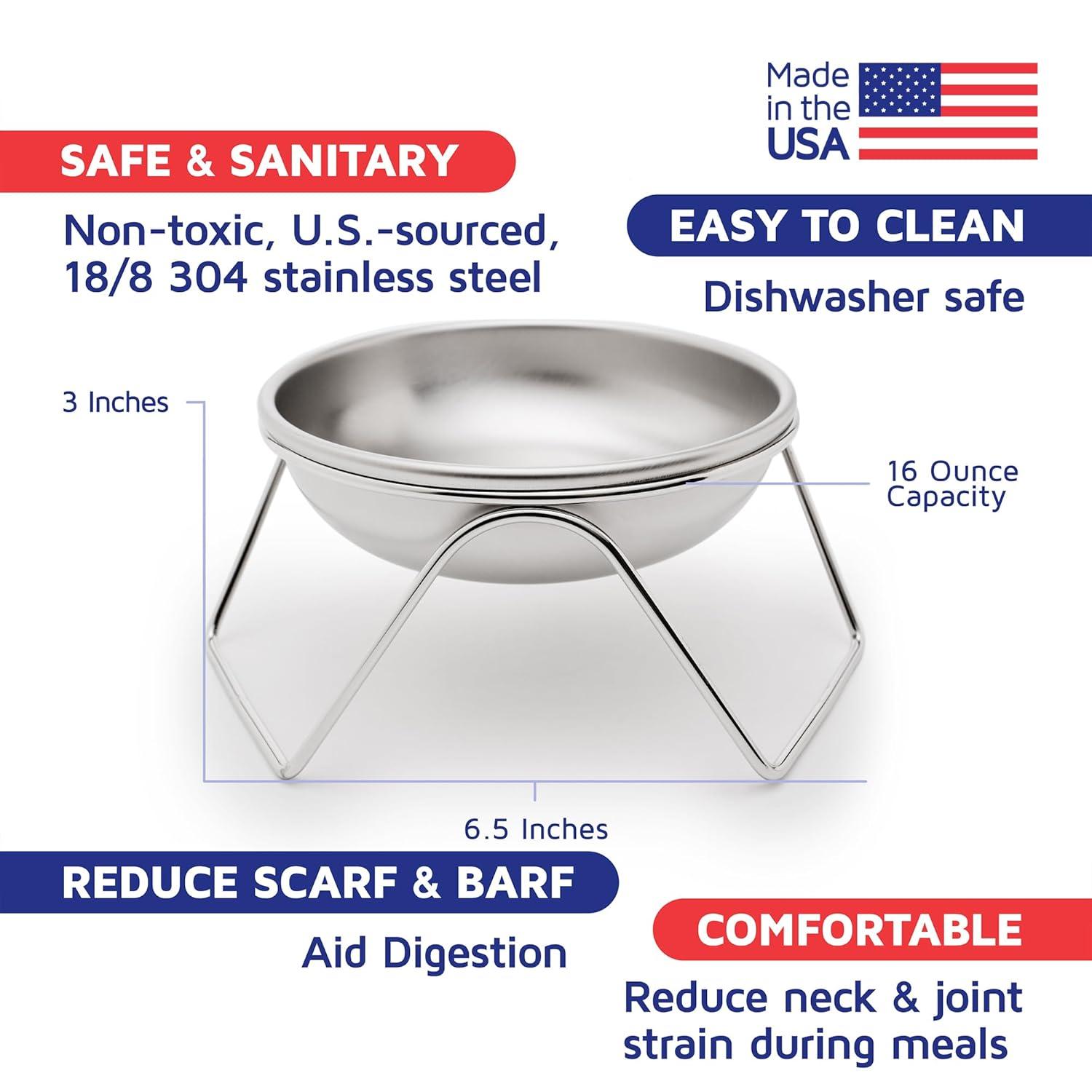 Raised Cat Bowl Stand for Food & Water by Americat – Made in USA – Stainless Steel, Spill-Proof Elevated Feeder, Dishwasher Safe, Human Grade, Whisker Friendly