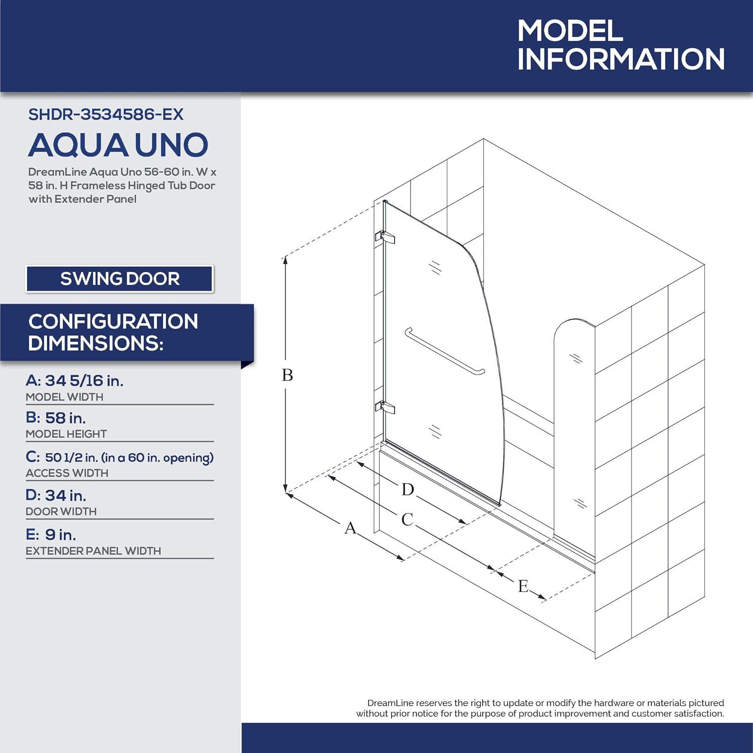 Aqua Uno 56" W x 58" H Hinged Frameless Tub Door with Extender Panel