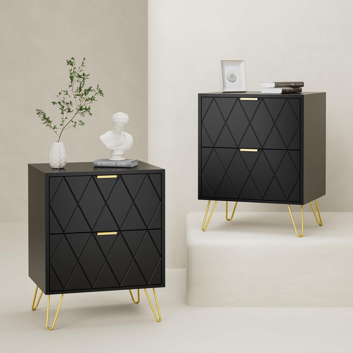 Black MDF Nightstand Set with Gold Legs and Handles