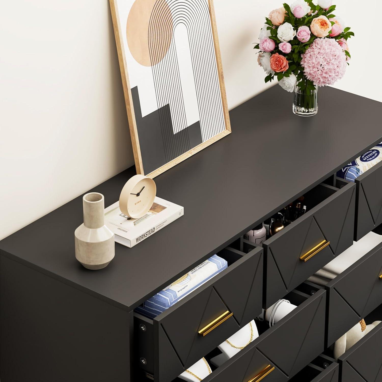 Black Vertical Dresser with Gold Handles and Legs