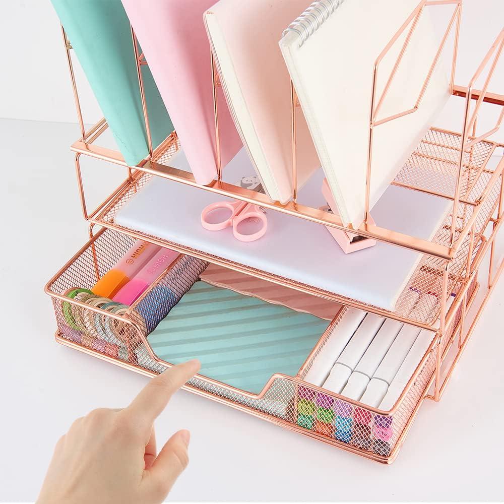 Desk Organizers and Desk Accessories - Rose Gold Desk Organizer with File Sorters, File Organizer with Drawer, Desk Accessories & Workspace Organizers for School Office Supplies