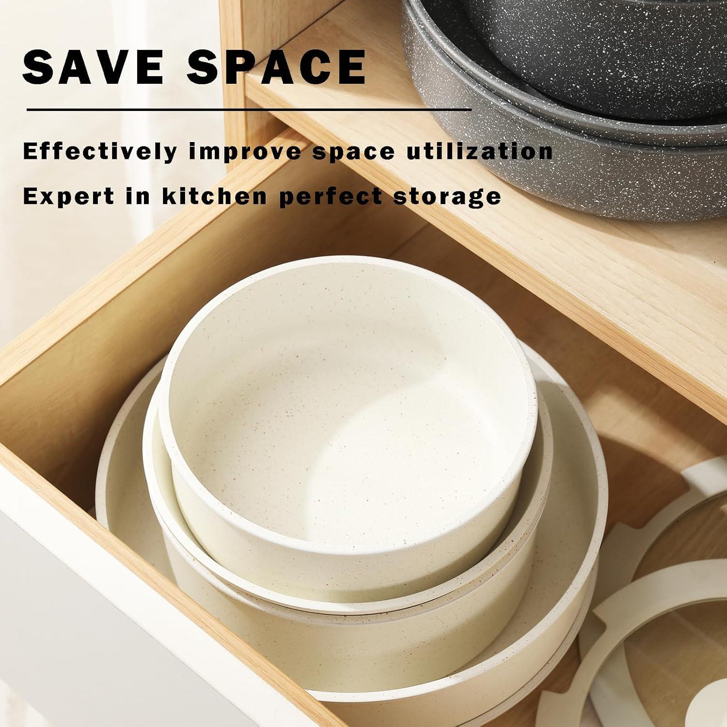 Vkoocy 9 Piece Nonstick Ceramic Cookware Set Pots and Pans Set with Removable Handle Detachable Handle Grey