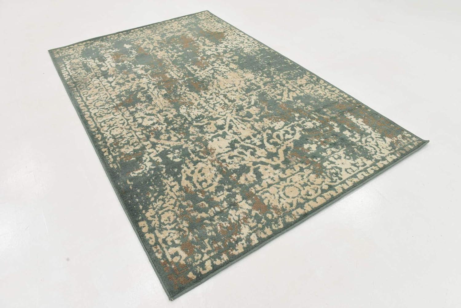 Green and Beige Rectangular Abstract Low Pile Area Rug