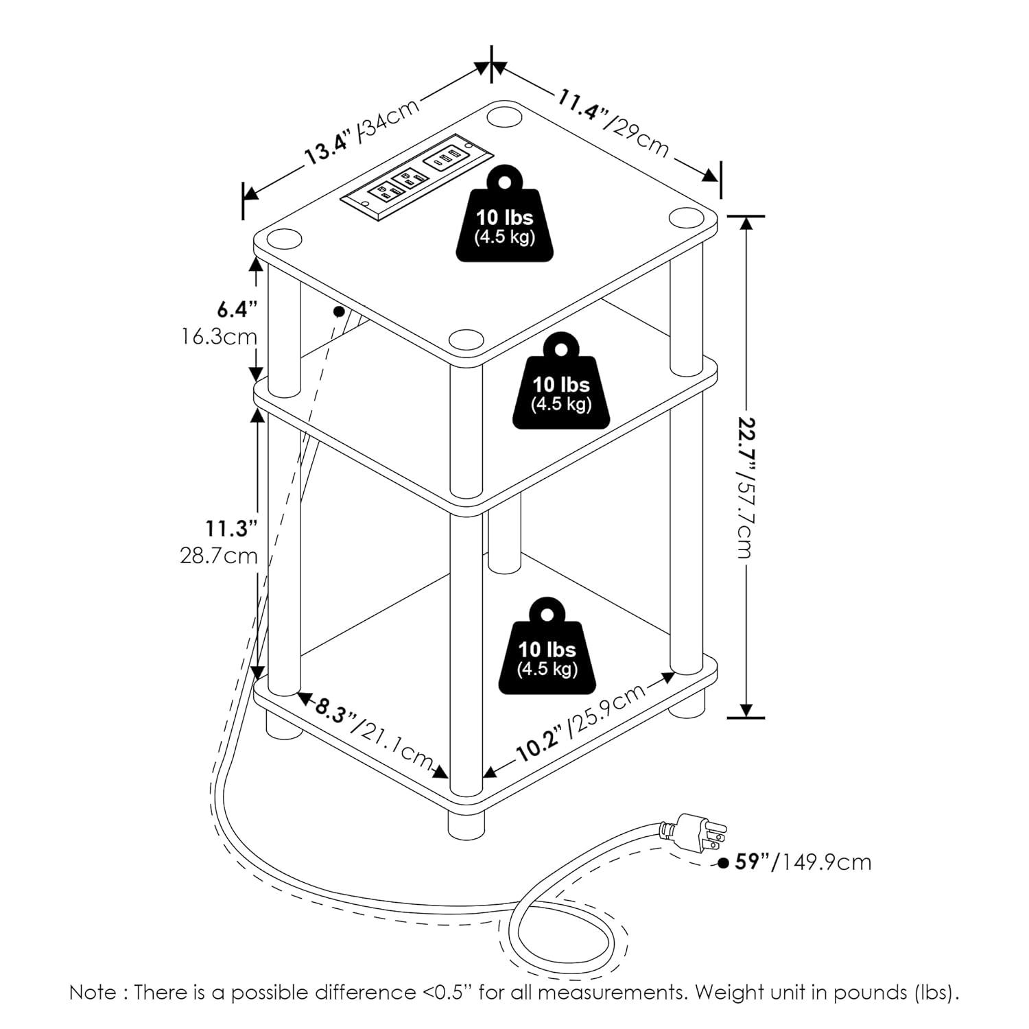 Furinno Just 3-Tier Turn-N-Tube USB and Type-C Charging Port End Table with Open Storage, Amber Pine/Black
