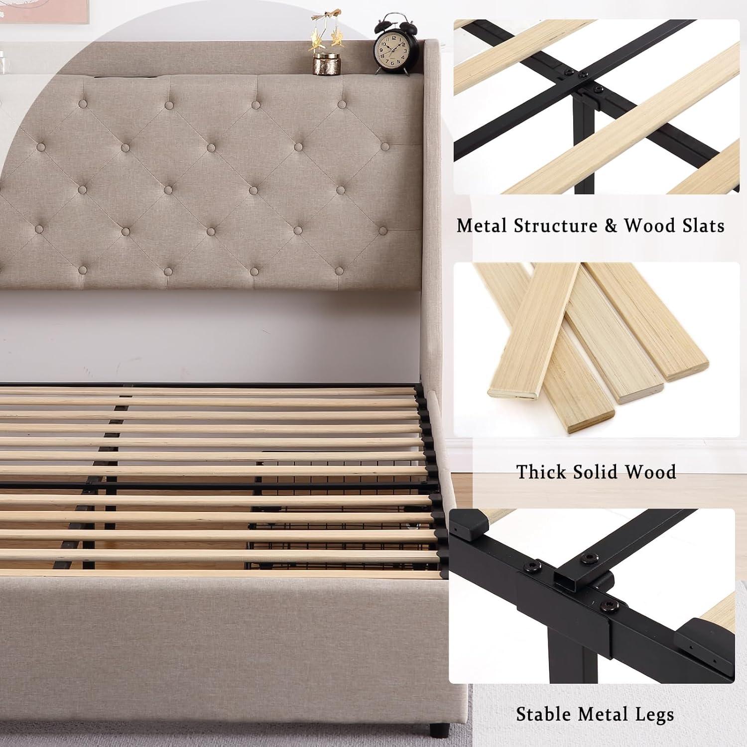Huloretions Queen Bed Frame With Charging Station,Platform Bed With 4 Storage Drawers,Upholstered Wingback Headboard And Storage Shelf,No Box Spring Needed Easy Assembly