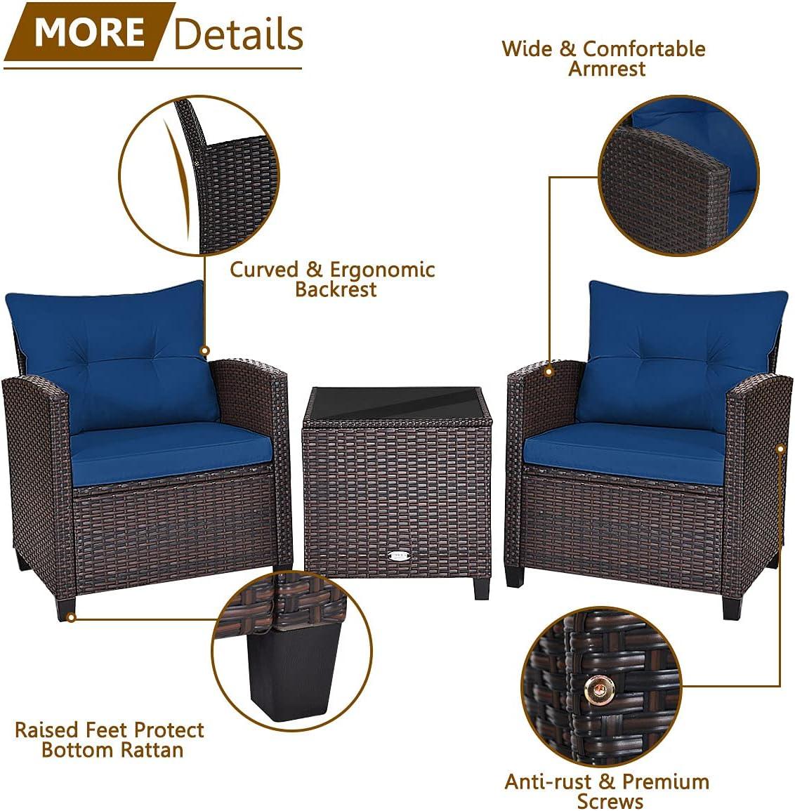 Outdoor 3-piece Cushioned Rattan Patio Furniture Conversation Set Navy