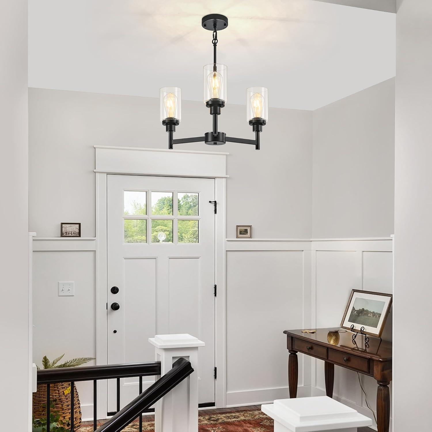 Black Chandelier for Dinning Room Living Room Island Kitchen Chandelier Light Fixtures Over Table, 3 Light Farmhouse Chandelier with Cylinder Clear Glass, Height Adjustable