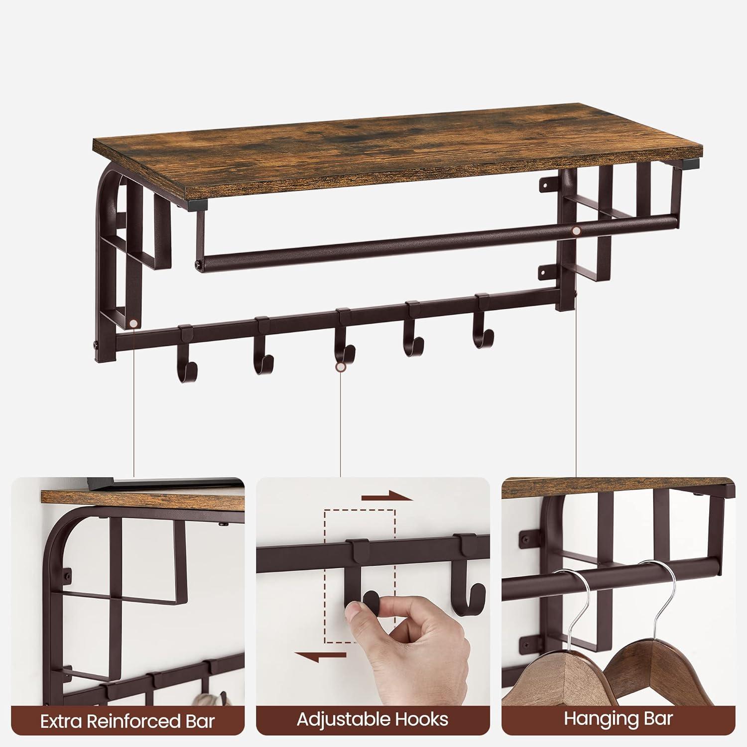 VASAGLE Wall-Mounted Coat Rack, Wall Hook Rack with Hanging Rod, Storage Shelf, Laundry Room Shelf with Hooks, for Entryway, Bathroom, Rustic Brown and Black ULCR12BX