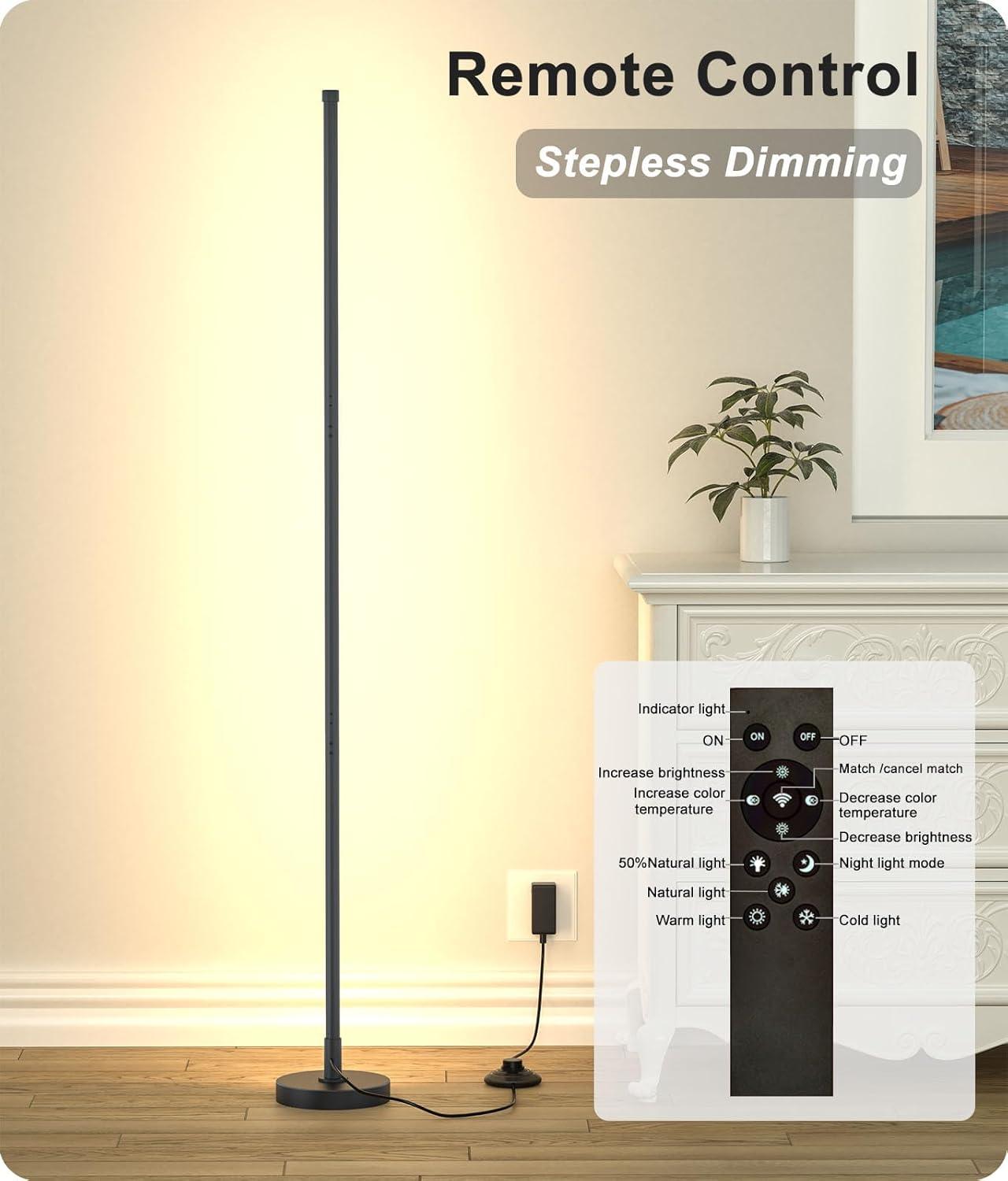 Corner Floor Lamp, Minimalist LED Floor Lamp with Remote Control, Dimmable Corner Light,Floor Lamps for Living Room, Bedroom, Home Office, 7 Color Temperature 3000K-6000K (Black, 1 Pack)