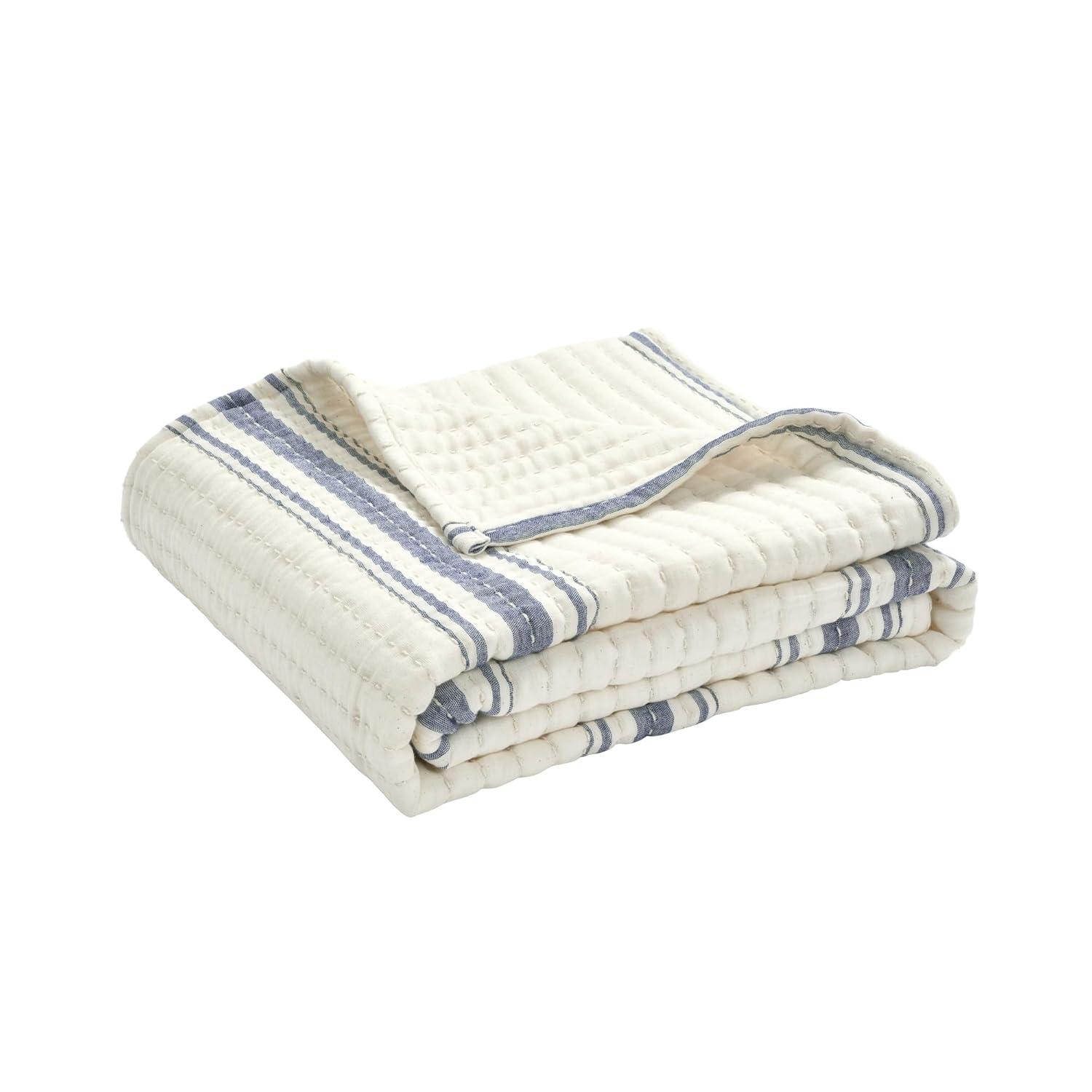 Lush Decor Farmhouse Stripe Kantha Pick Stich Yarn Dyed Cotton Woven Throw Reversible Ticking Pinstripe Design Blanket, 50" x 60", Navy