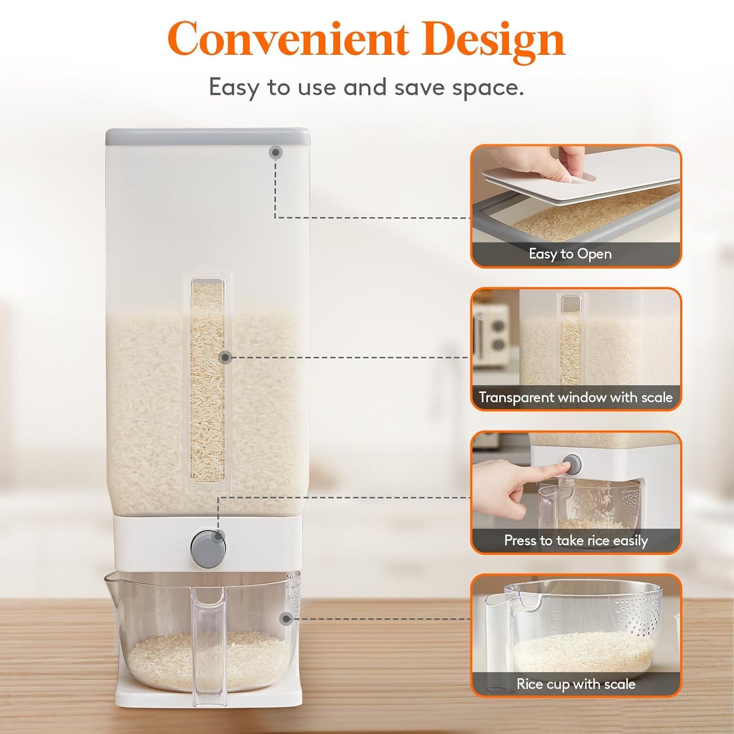 Lifewit Rice Dispenser 25 Lbs(11.3kg), Rice Storage Container Sealed Moisture Proof with Measuring Cup for Kitchen Pantry Household, BPA-Free