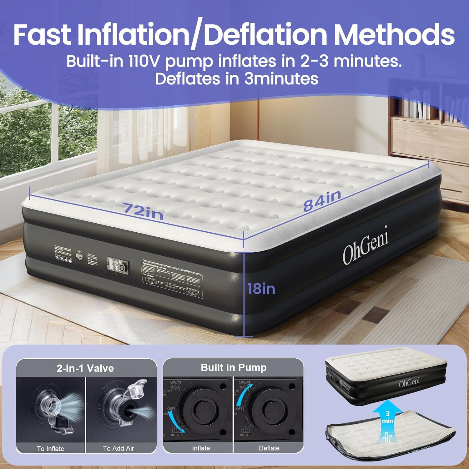 California King Black and Gray Raised PVC Air Mattress with Built-In Pump