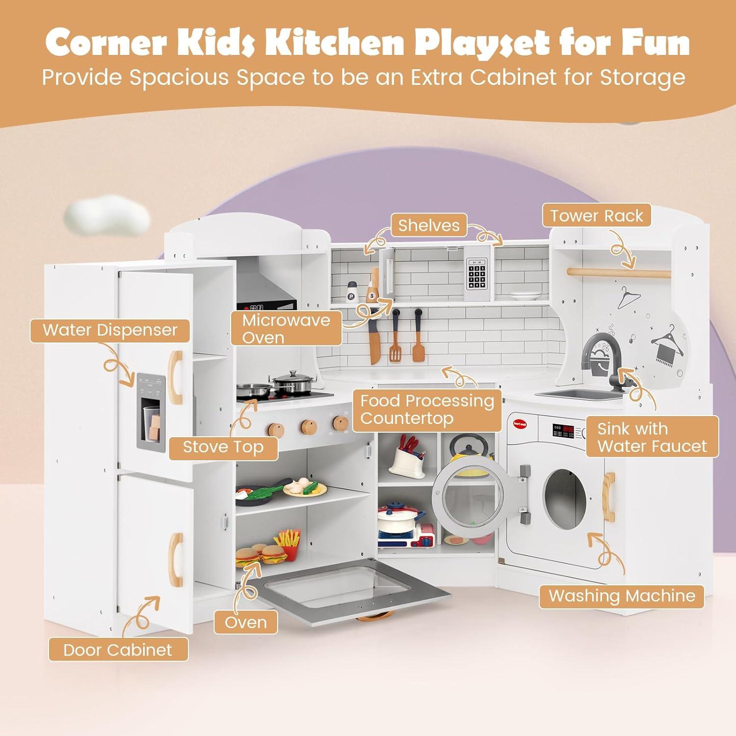 YYAo Kids Kitchen Playset, Pretend Play Kitchen for Toddlers, Toy Kitchen Set, Corner Kids Play Kitchen with Washing Machine and Ice Maker Gift for Boys Girls