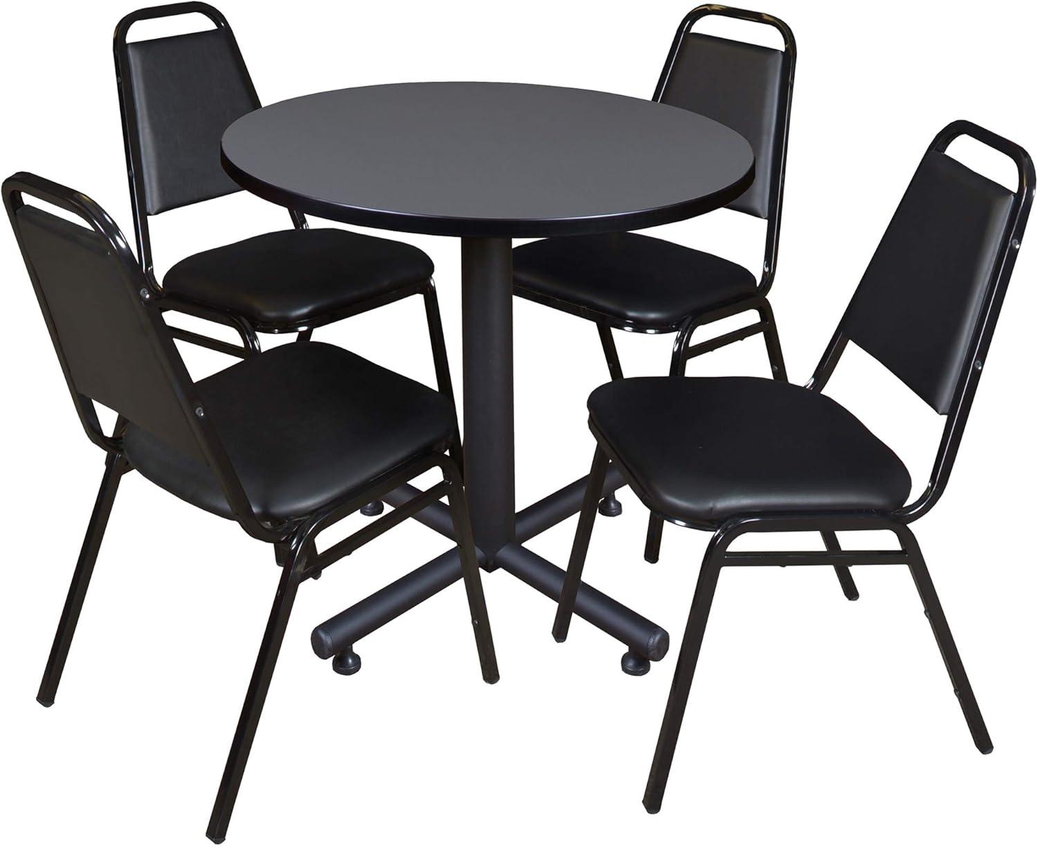 Kobe 30" Round Breakroom Table- Grey & 4 Restaurant Stack Chairs- Black