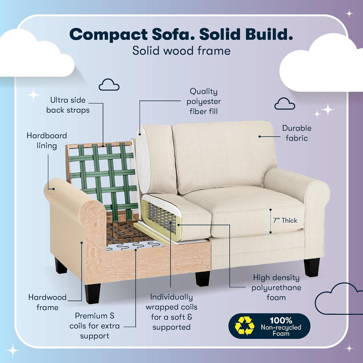 Serta Copenhagen 61" Rolled Arm Sofa, Easy Care Fabric, Soft Pillow Back, Pocket Coil Seat Cushions