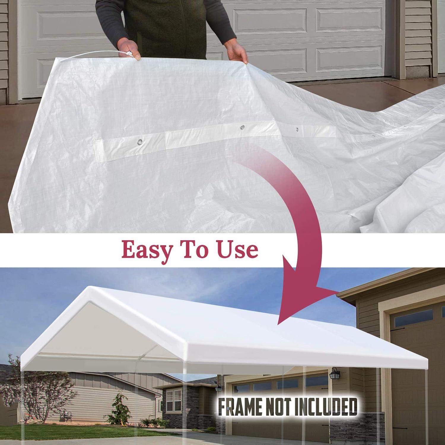 12 x 20 Feet Replacement Top Canopy Roof Cover for Carport Garage Shelter with Bungees, Frame Not Included (White)