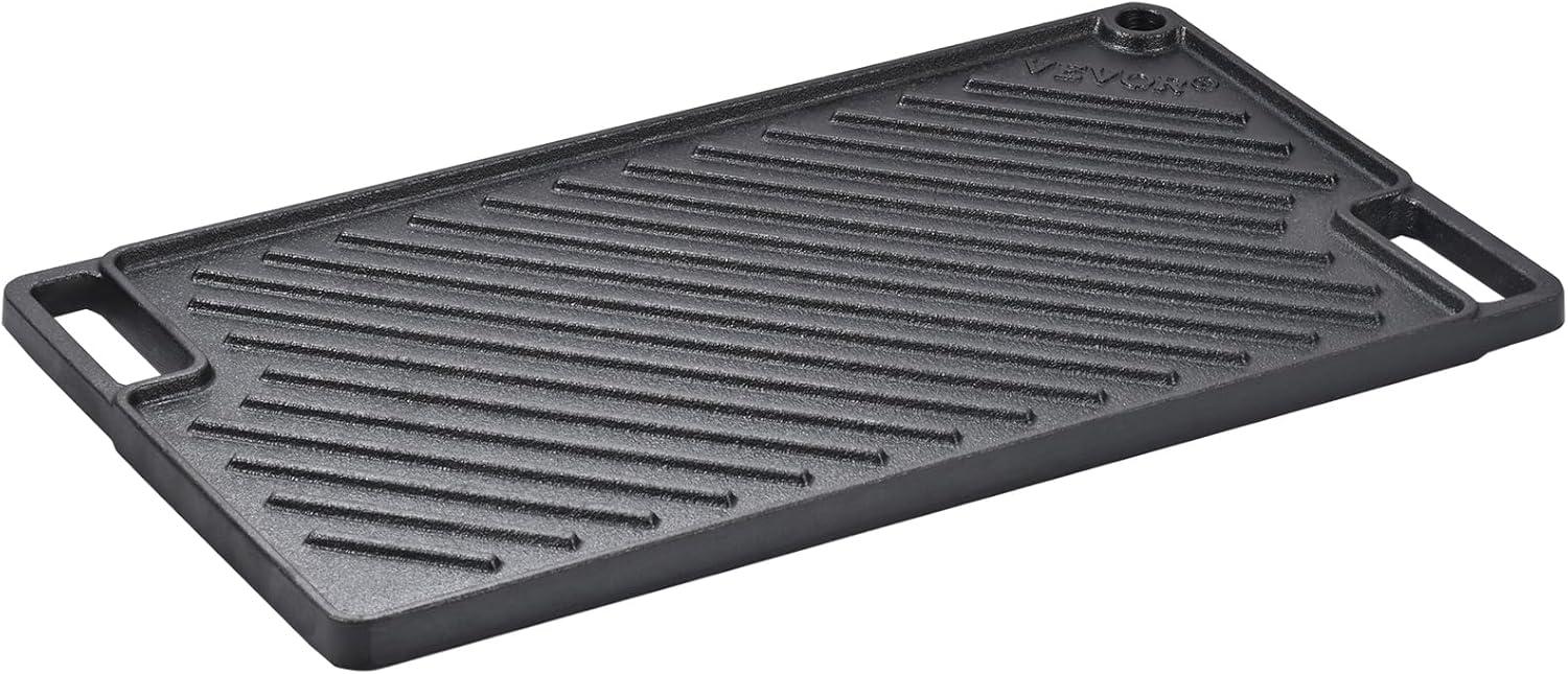 VEVOR Reversible Grill/Griddle, 14x8.5 inch Pre-Seasoned Cast Iron Griddle, Portable Rectangular Pan with Handle, Family Cookware for Indoor/Outdoor Stove Top Burner, Gas, Camping BBQ, Black