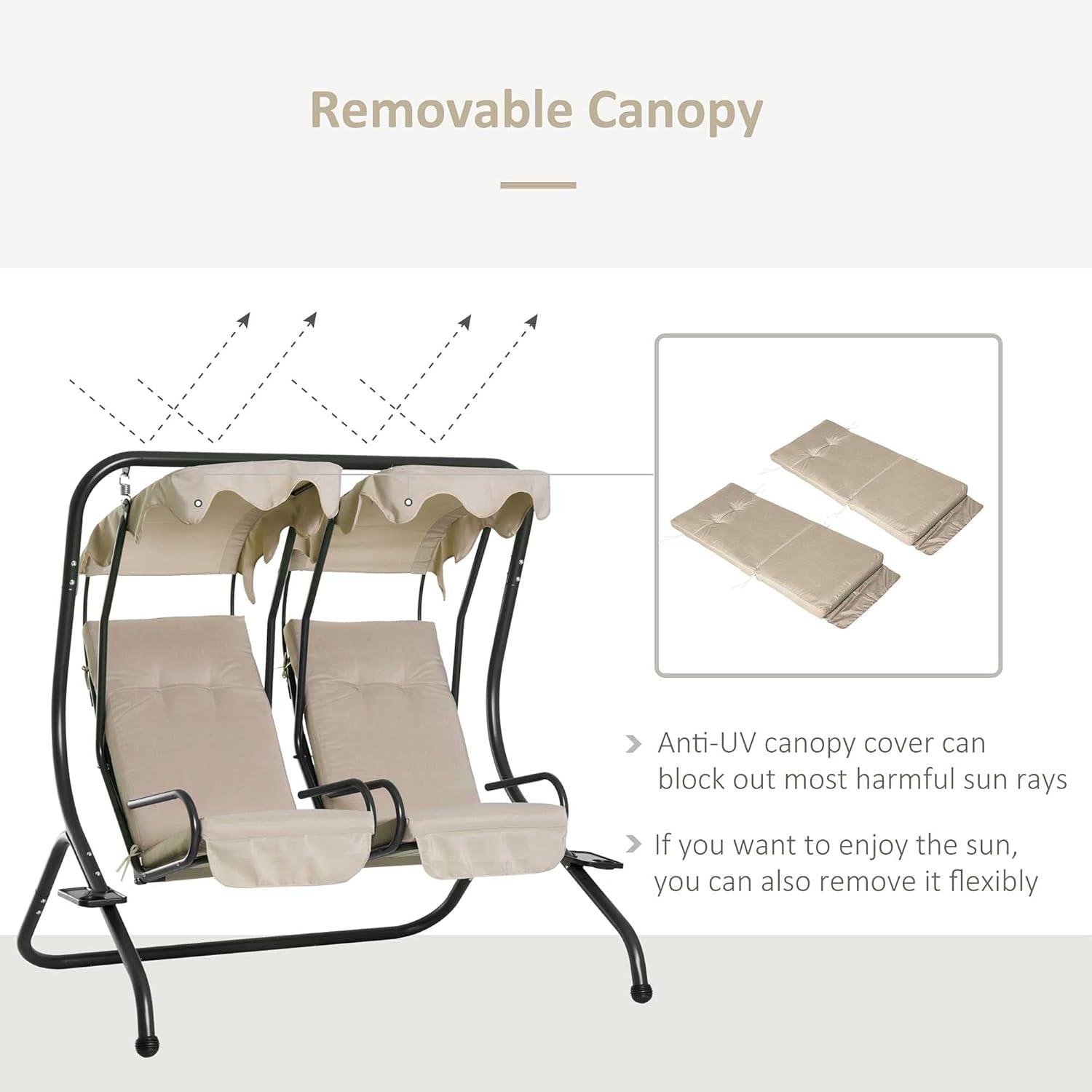 Outsunny Modern 2-Seater Outdoor Patio Swing Chair, Porch Seats with Cup Holder and Removeable Canopy, Beige