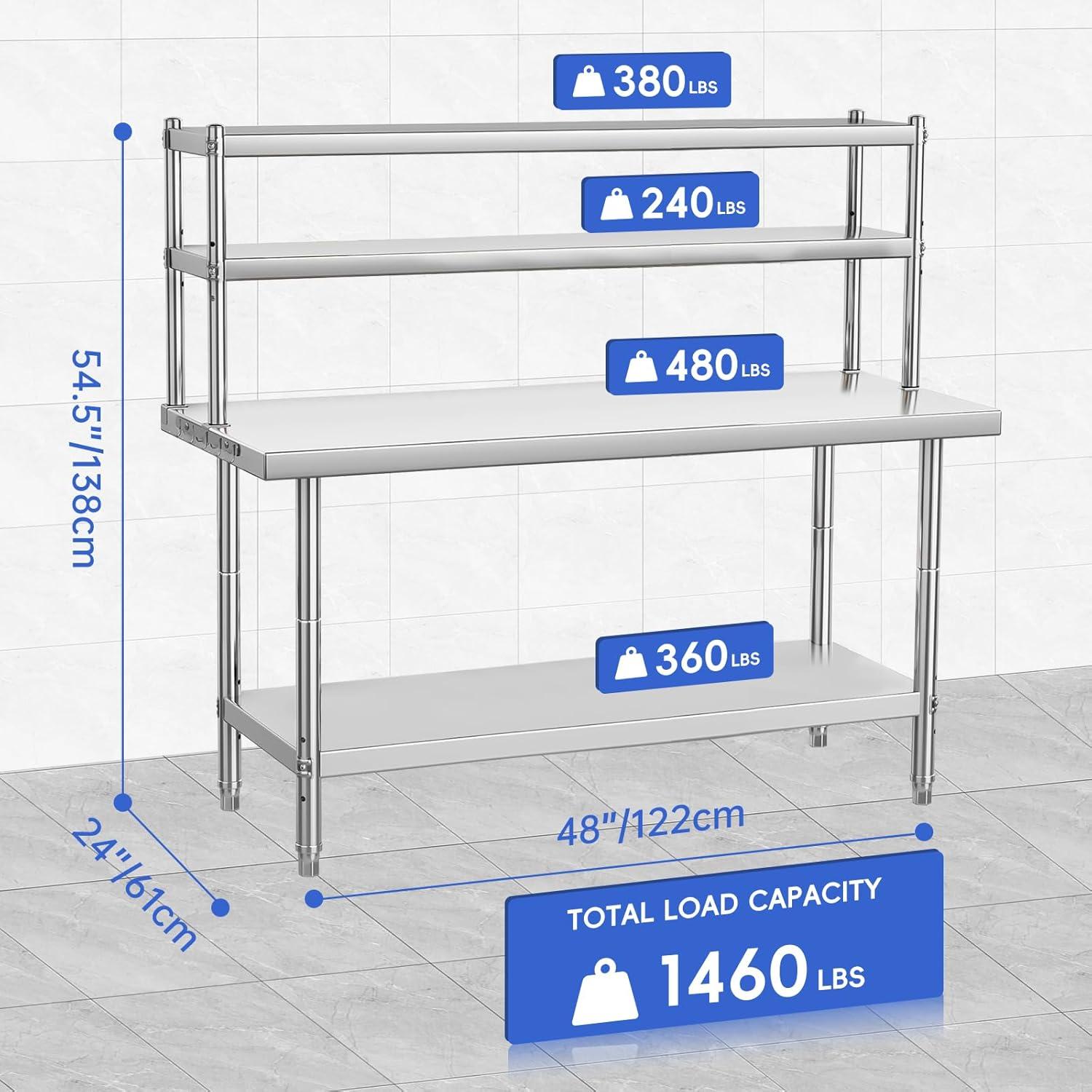 48" x 24" Food Prep Table Kitchen Work Table Stainless Steel Table Heavy Duty Metal Kitchen Prep Table Commercial Kitchen Prep & Work Table,Galvanized